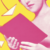 pink and yellow collage of woman reading a book