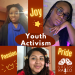 three Black teen girls with the words passion, joy, and pride