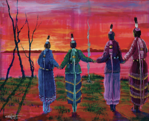 painting of four indigenous women holding hands