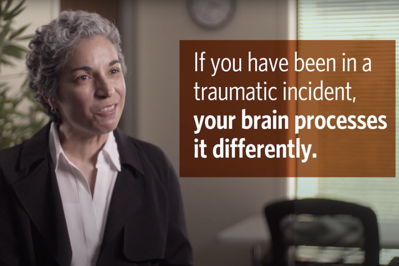 NeurobiologyVid video screen capture captioned "if you have been in a traumatic incident, your brain processes it differently"