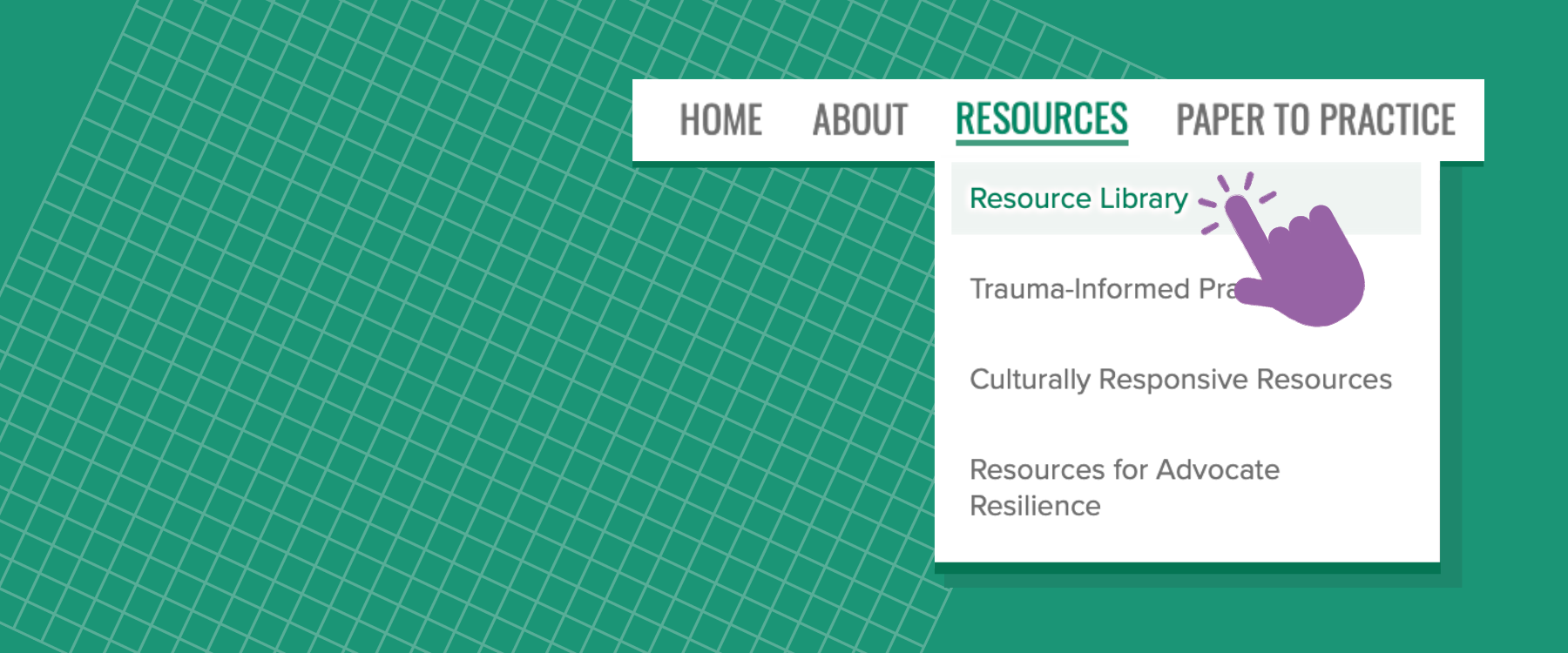 A cursor selecting "Resources" from the website menu.