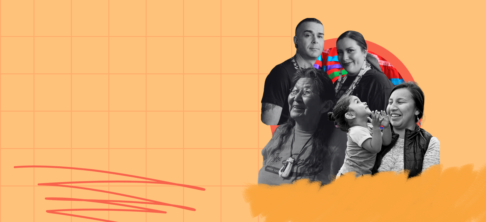 A group of Indigenous individuals on stylized background.
